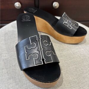 Tory Burch Black leather and wood Mules